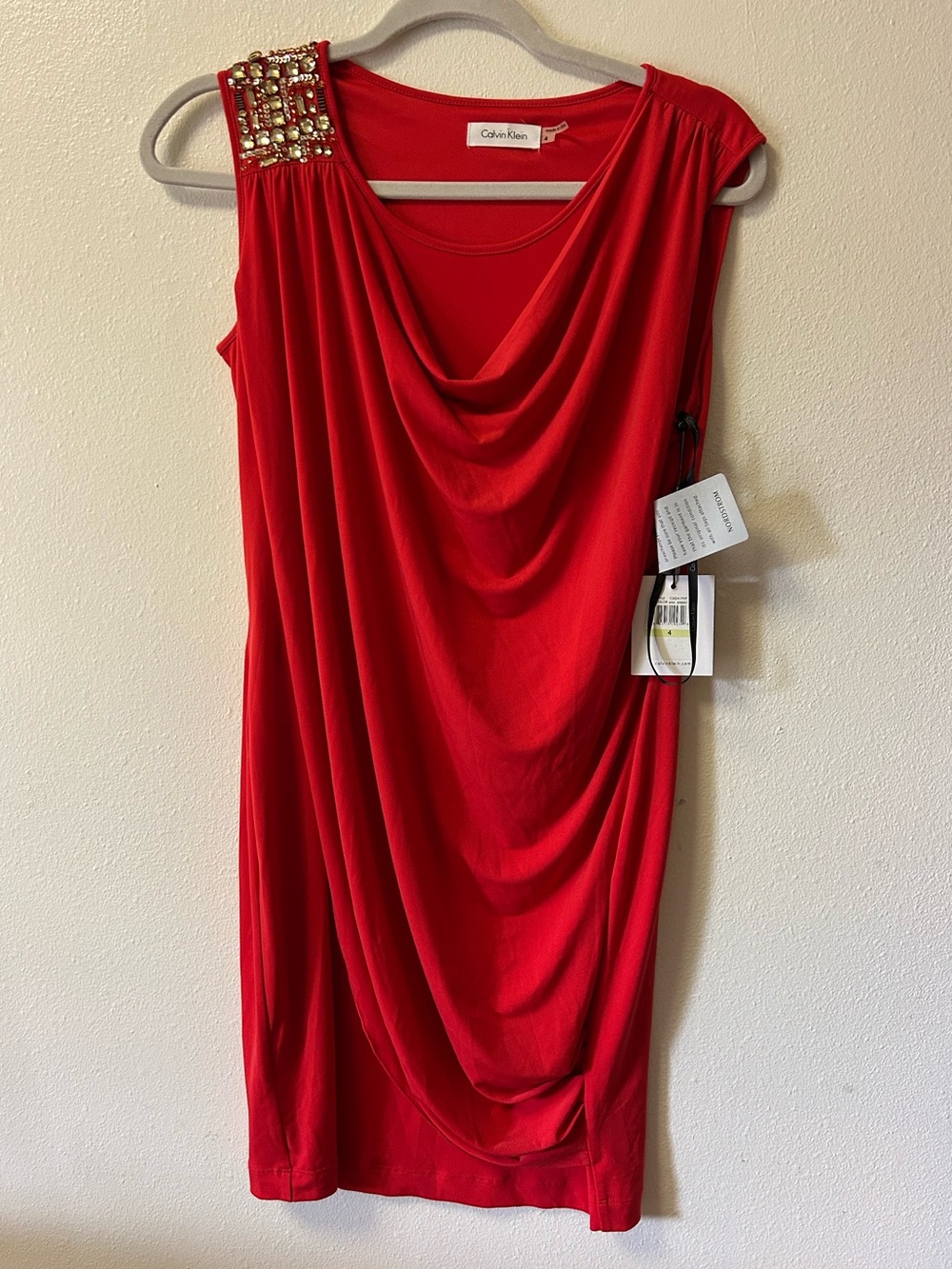 NWT Calvin Klein poppy colored drapey neck jeweled detail dress